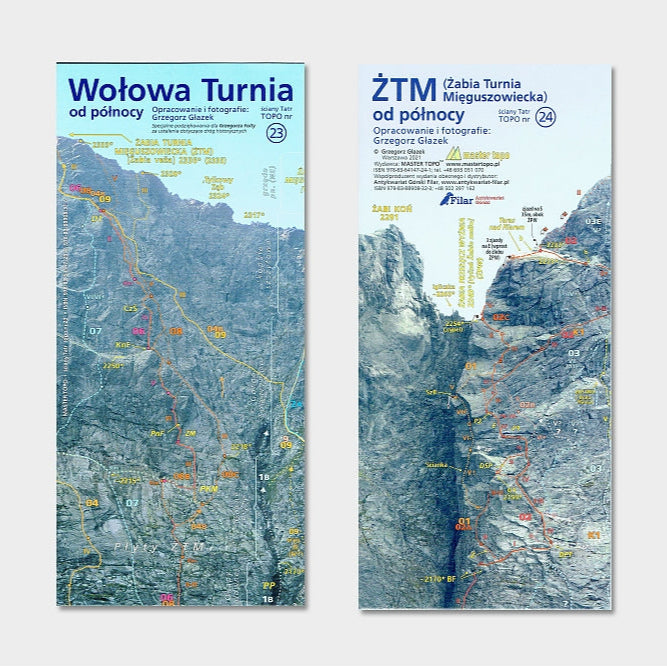 Wołowa Turnia od północy. ŻTM (Żabia Turnia Mięguszowiecka) od północy. Mapa TOPO